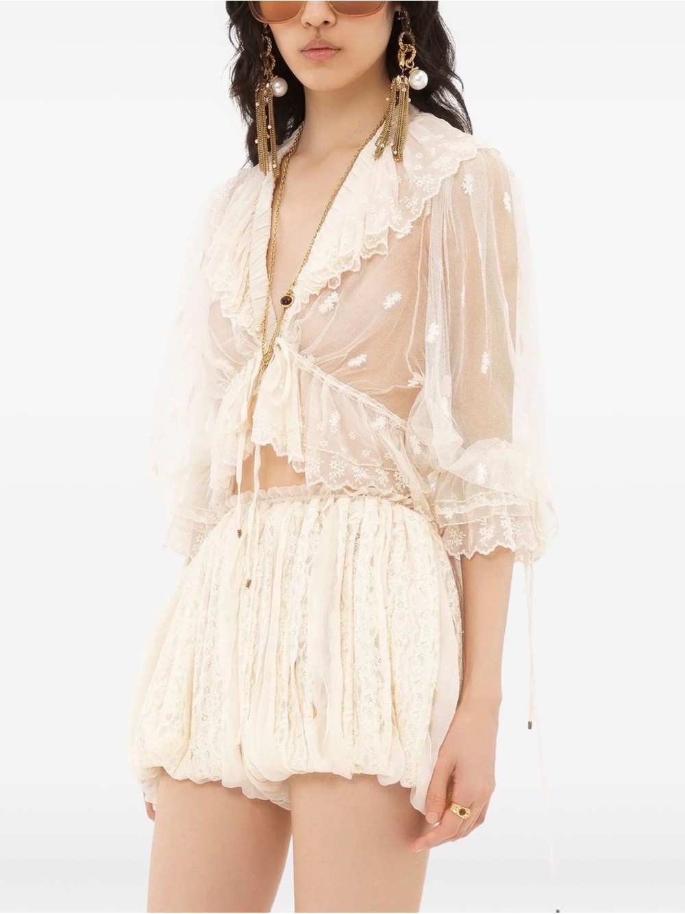 Chloe Sheer Lace Tie-Front Blouse in Ivory